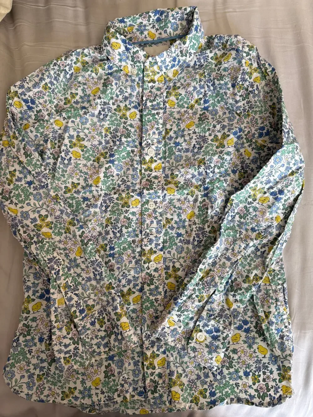 Mini Boden blue floral shirt with yellow chicks size 10-11